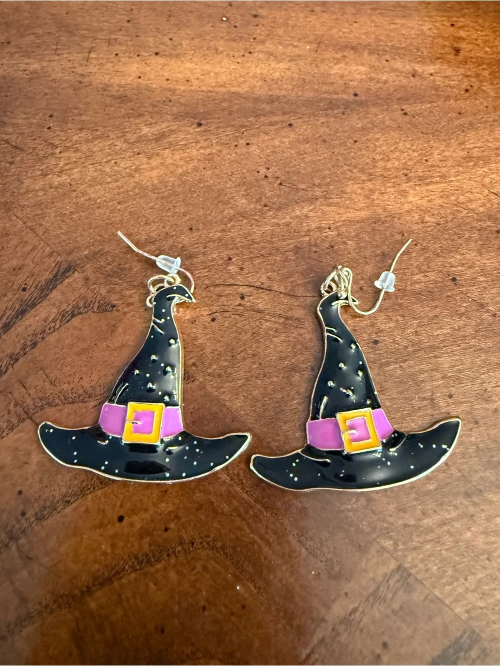 Enamel Witch Hat Drop Earrings - Black and Pink